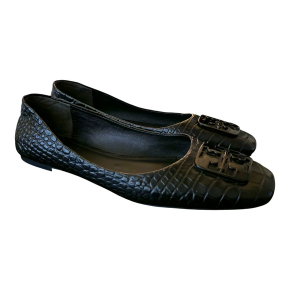 Tory Burch Georgia Black Croc Embossed Square Toe Ballerina Flat Size 9M Classic - Picture 1 of 13